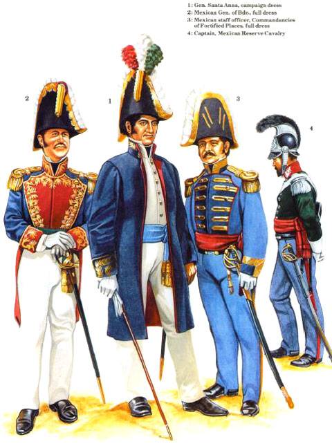 1. General Santa Anna. 2. General de Brigada Mexicano. 3. Comandante Mexicano. 4. Capitan Cabaleria de reserva Mexicana. 