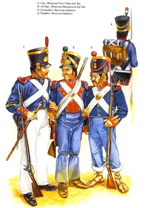 1. Cpl. Batallon Infanteria Mexicano Tres Villas. 2. Sargento 1º , Batallon Infanteria Mexicano Matamoros. 3. Granadero de infanteria Mexicano. 4. Fusilero de infanteria Mexicano. 