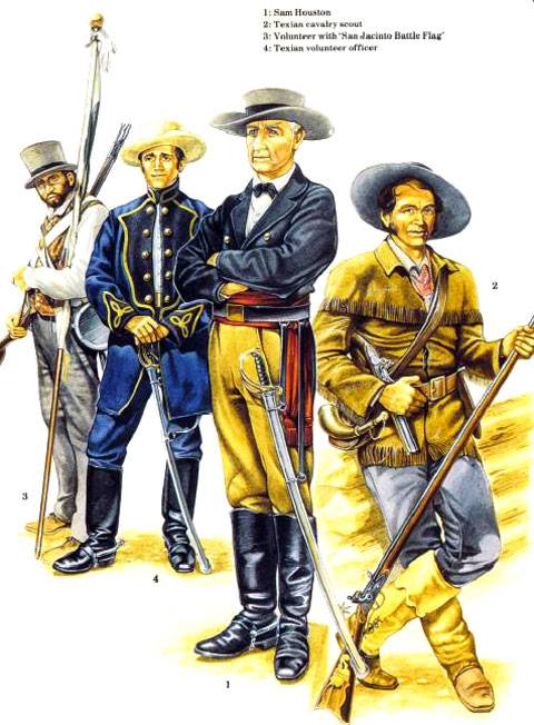 1. Sam Houston. 2. Explorador de Caballeria de Texas. 3. Abanderado voluntario en la Batalla de San Jacinto. 4. Oficial voluntario tejano.
