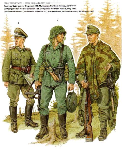 Frente del norte (1942). izquierda: oficial veterinario. centro: cabo veterano con uniforme de verano, es un ingeniero con mina teller. derecha: gebisjager, equipado para el clima artico.