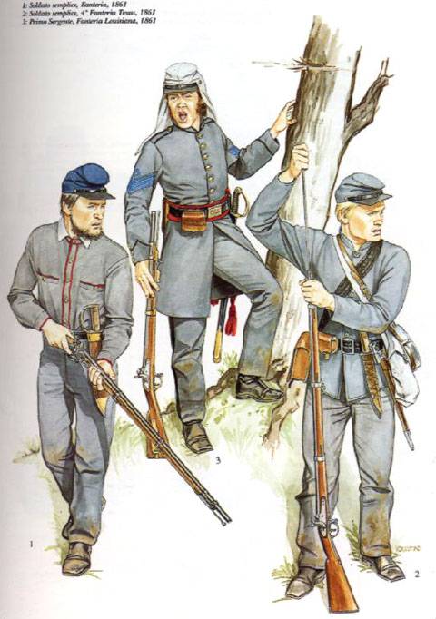 1 Soldado de Infanteria - 1861 2 Soldado del 4º de Infanteria de Texas - 1861 3 Sargento Primero, Infanteria de Louisiana