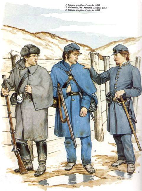 1 Soldado de Infanteria, 1865 2 Coronel, 44º Infanteria de Georgia, 1865 3 Soldado de Infanteria, 1865