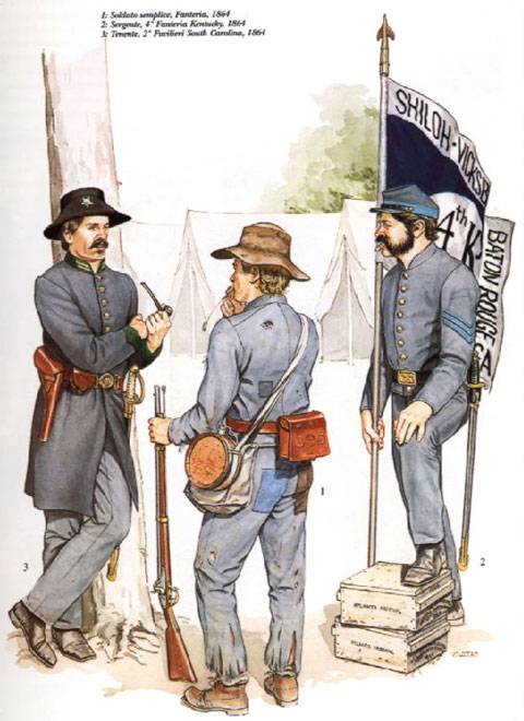 1 Soldado de Infanteria, 1864 2 Sargento, 4º de Infanteria de Kentucky, 1864 3 Alferez, 2º de Fusileros de Carolina del Sur, 1864