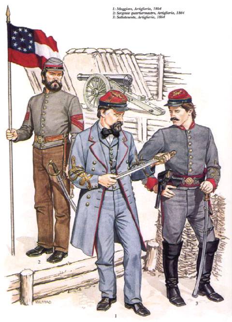 1 Mayor, Artilleria, 1864 2 Sargento guardaestandarte, Artilleria, 1864 3 Subteniente de Artilleria, 1864 