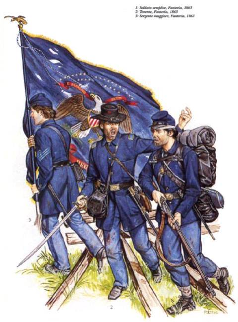 1 Soldado raso de Infanteria, 1863 2 Alferez de Infanteria, 1863 3 Sargento Mayor de Infanteria, 1863