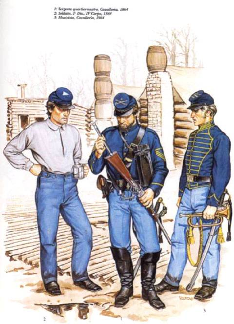 1 Sargento de armamento, Caballeria, 1864 2 Soldado, 1º Division, IV C, 1864 3 Musico Trompeta, Caballeria, 1864