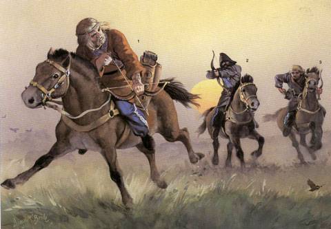 1. Arquero Scythian a Caballo 2. Guerreros Scythians de un grupo rival.