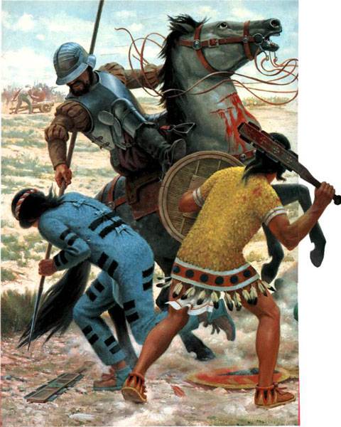 Conquistador a Caballo en Batalla contra los Aztecas.