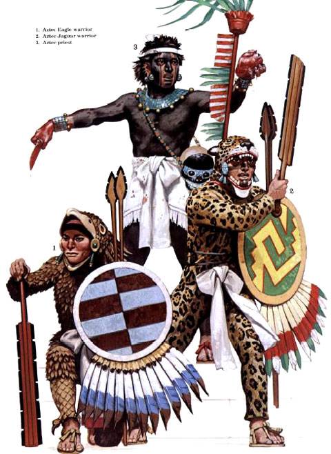 1. Guerrero Azteca de la Orden del Aguila. 2. Guerrero Azteca de la Orden del Jaguar. 3. Sacerdote Azteca. 