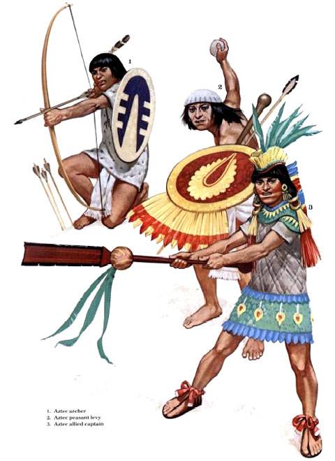 1. Arquero Azteca. 2. Recluta campesino Azteca. 3. Capitan aliado de los Aztecas. 