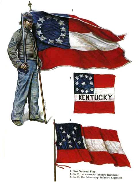 1 - First National Flag 2 - Co. E. 1st Kentucky Infantry Regiment 3 - Cu. D. 21 Mississippi Infantry Regiment