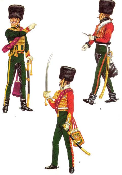 En Servicio Activo 1. Oficial, 1812-1814, uniforme de marcha 2. Oficial, 1808, Somosierra 3. Cazador, 1808, uniforme de marcha en España
