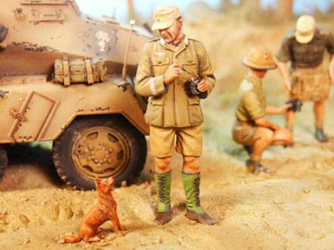 Diorama a escala 1/35 que representa a un grupo de soldados del Dak en el norte de Africa, descansando y reponiendo fuerzas en un Oasis.