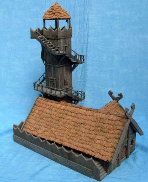 Impresionante construccion de una casa fortaleza con una atalaya muy alta adosada en Rohan. 