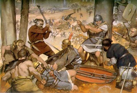 Batalla en los bosques entre romanos y germanos