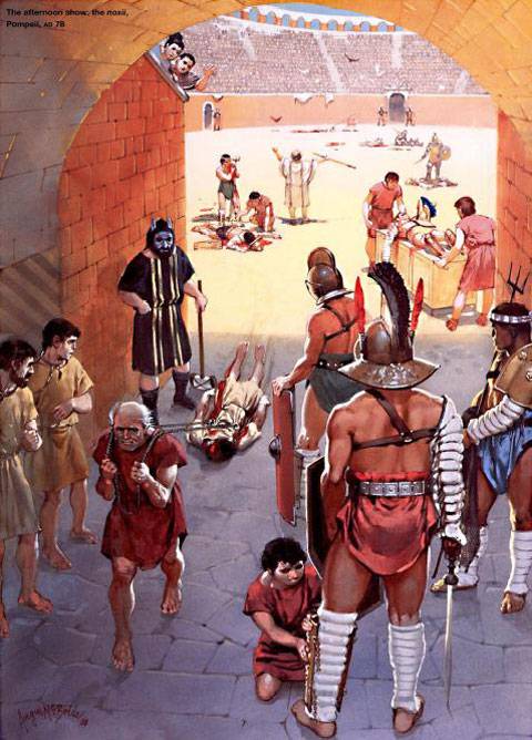 Los gladiadores que morían en la arena eran arrastrados al espoliario por los esclavos que estaban al servicio del anfiteatro los cuales se valían de un garfio de hierro y los sacaban por la puerta llamada de la Muerte.