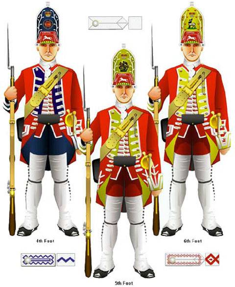 Uniformes del Regimiento de Granaderos de la Armada Británica en 1750. 