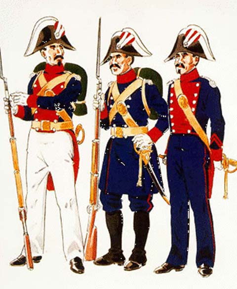 Guardia en Uniforme de Gala en formación en verano (1844 – 54) Guardia en Uniforme de Servicio en despoblado (1850 – 54) Cabo en Uniforme de Gala para paseo (1844 – 54)