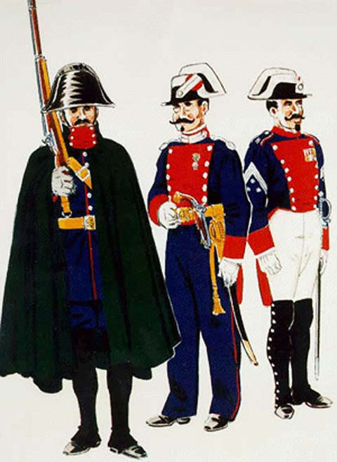 Guardia de Infantería con Uniforme de Servicio en despoblado (1856) Guardia Civil Veterana (1859–70) Capitán en Uniforme de Gran Gala (1860)