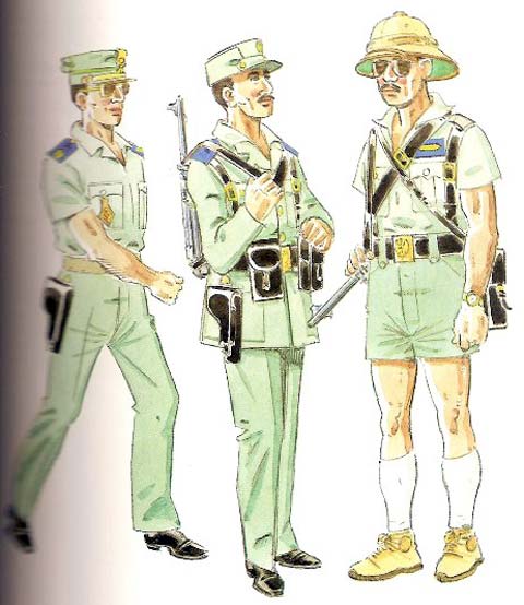 UNIFORMES DE LAS COMPAÑIAS MOVILES DE GUINEA (1960-69)   Brigada en uniforme de paseo para diario (1960-69) Guardia en Uniforme de servicio nocturno Cabo 1º en uniforme de servicio en despoblado