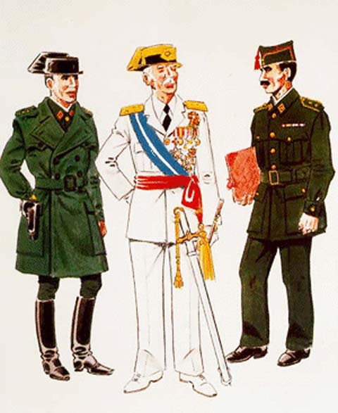 Capitan con uniforme de diario y chaquetón impermeable ¾ (1957–58) General con uniforme de gala en verano (1951–53) Teniente con uniforme de cuartel (1957)