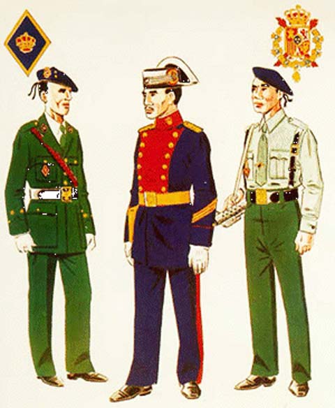 Compañía de la Guardia Civil del Regimiento de la Guardia Real   Teniente en Uniforme de Gala fuera de formación Sargento en Uniforme de Gran Gala para Servicio (1978). Guardia en Uniforme de Servicio en verano.