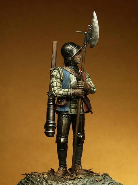 Mercenario Renacentista portando una bombarda o cañón de mano y una alabarda