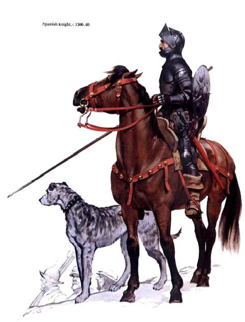 Caballero con armadura a caballo y perro de rastreo. 1500-1540.