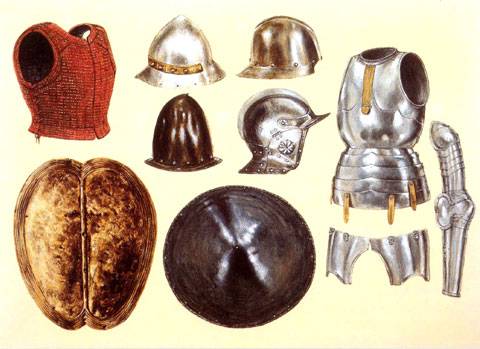 Cascos, yelmos, rodelas y escudos de los conquistadores. 