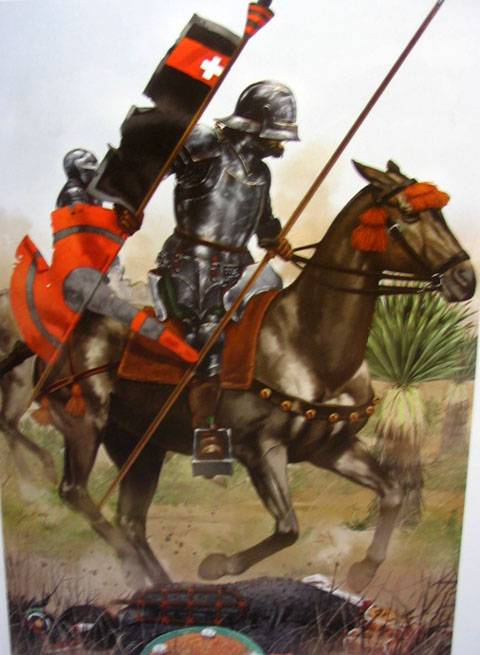 Juan de Salamanca despues de matar al Caudillo Azteca Ciuacoalt en la batalla de Otumba. Juan porta el estandarte del caido. 