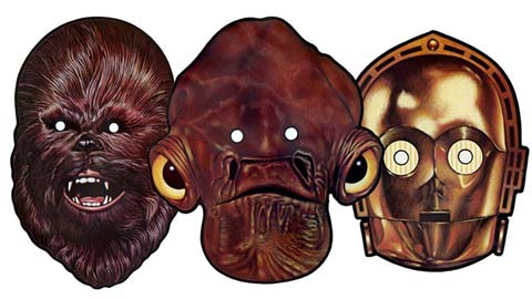 Máscaras de Chewbacca, el Almirante Ackbar y C-3PO.