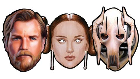 Máscaras del Maestro Obi-Wan, Padmé, y el General Grievous, todos ellos pertenecientes al episodio, La Venganza de los Sith.