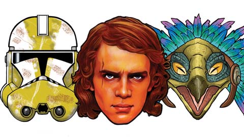 Máscaras de Anakin Skywalker, Boga, y un Clone Trooper, personajes pertenecientes al episodio III.