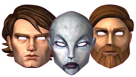 Máscaras de los Maestros Jedai Anakin Skywalker, Obi-Wan Kenobi y el Sith assassin Asajj Ventress de la Saga de dibujos, Clone Wars adventure