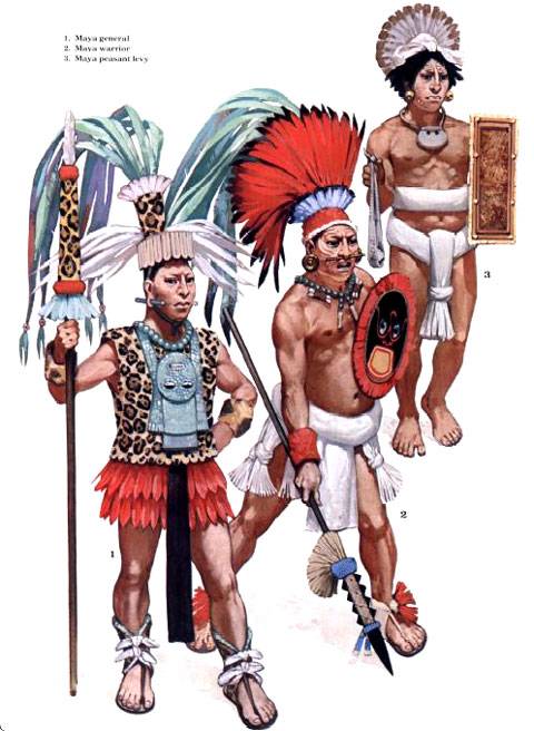 1. General Maya. 2. Guerrero Maya. 3. Recluta campesino Maya.