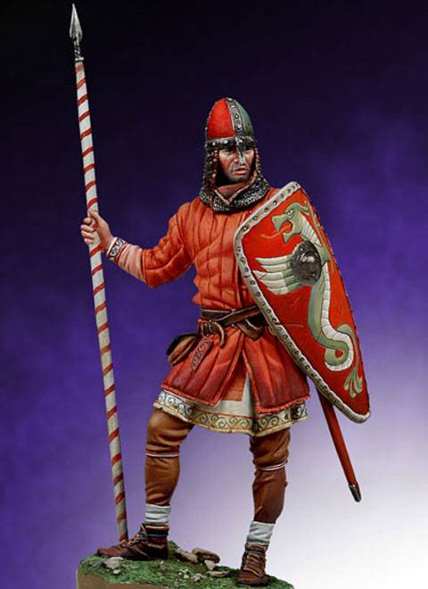 La viñeta representa a la figura de un Guerrero Normando durante la Batalla de Hastings en el año 1066 dC. 