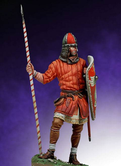 La viñeta representa a la figura de un Guerrero Normando durante la Batalla de Hastings en el año 1066 dC. 