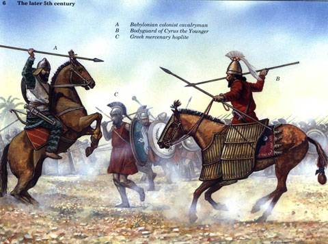 A. Caballeria colonial babilonia. B. Guardaespaldas de Cyrus el Younger. C. Mercenario hoplita Griego. 
