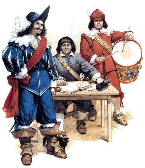Reclutamiento, oficial, escribano y tambor - Guerra Civil Inglesa 1642 - 1651