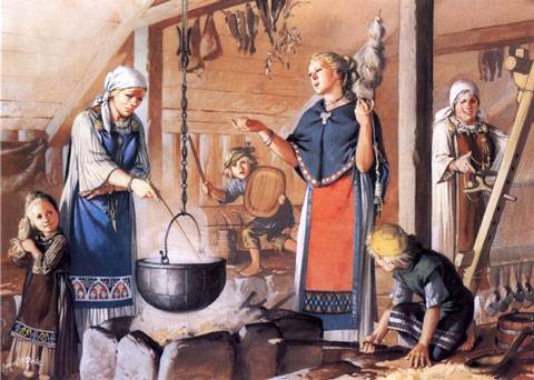 Mujeres vikingas con su familia en un campamento - Siglos IX y X